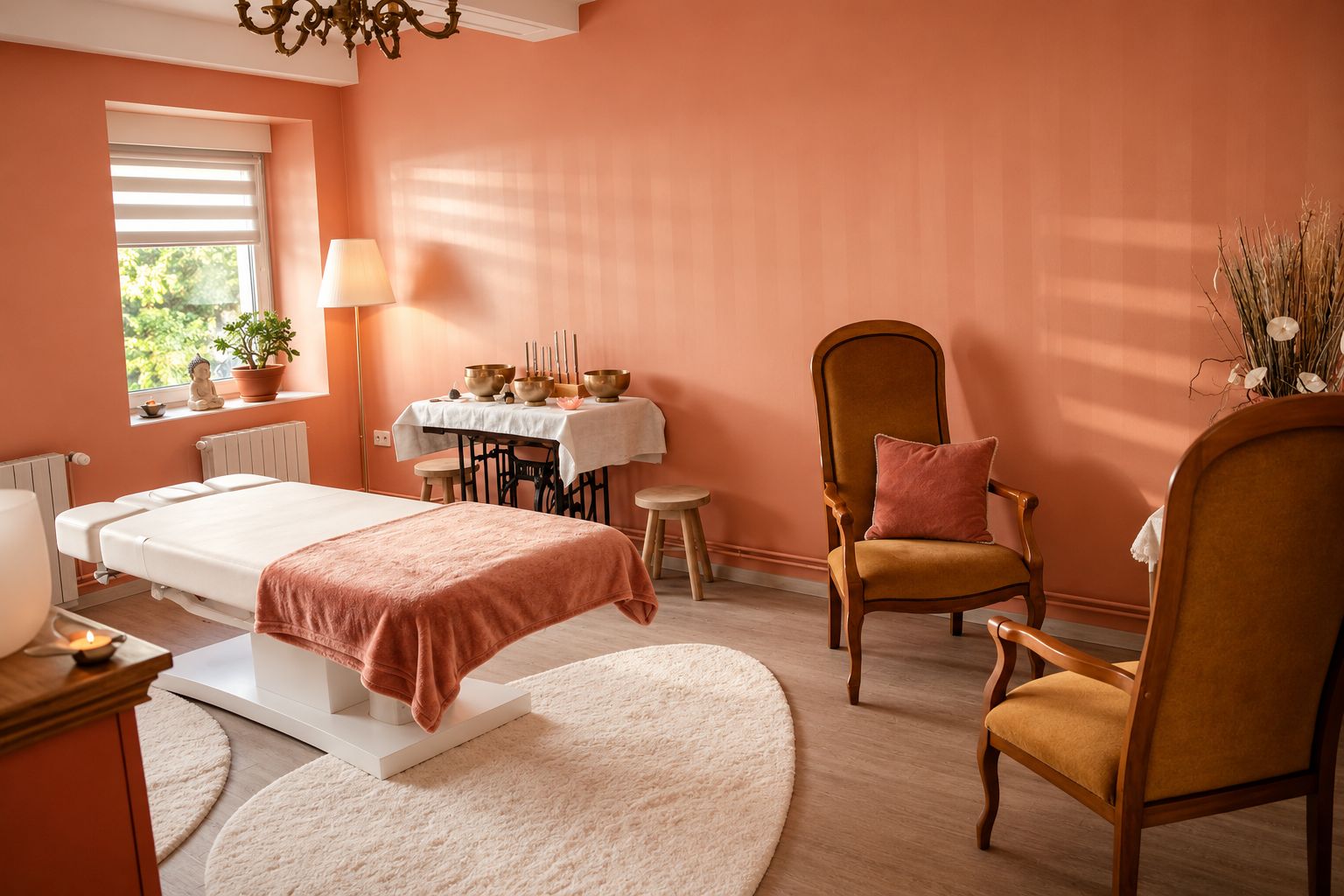 Salle de soin chaleureuse aux tons terracotta, table de massage et bols tibétains, cabinet d'Émilie Stephanus à Boulay-Moselle